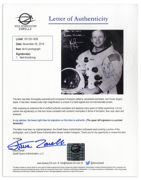 Neil Armstrong Signed 8'' x 10'' Photo -- Uninscribed -- With Steve Zarelli COA